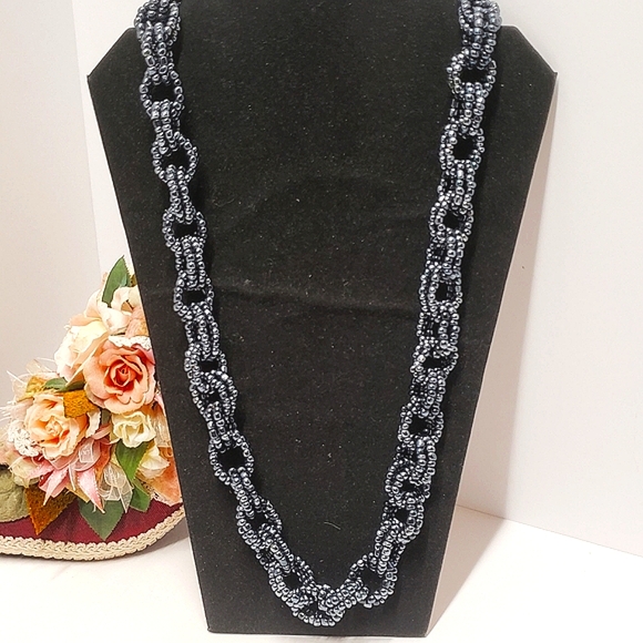 Hematite Beaded Double Chain Link Seed Bead Necklace Handmade Statement Necklace - Picture 3 of 7